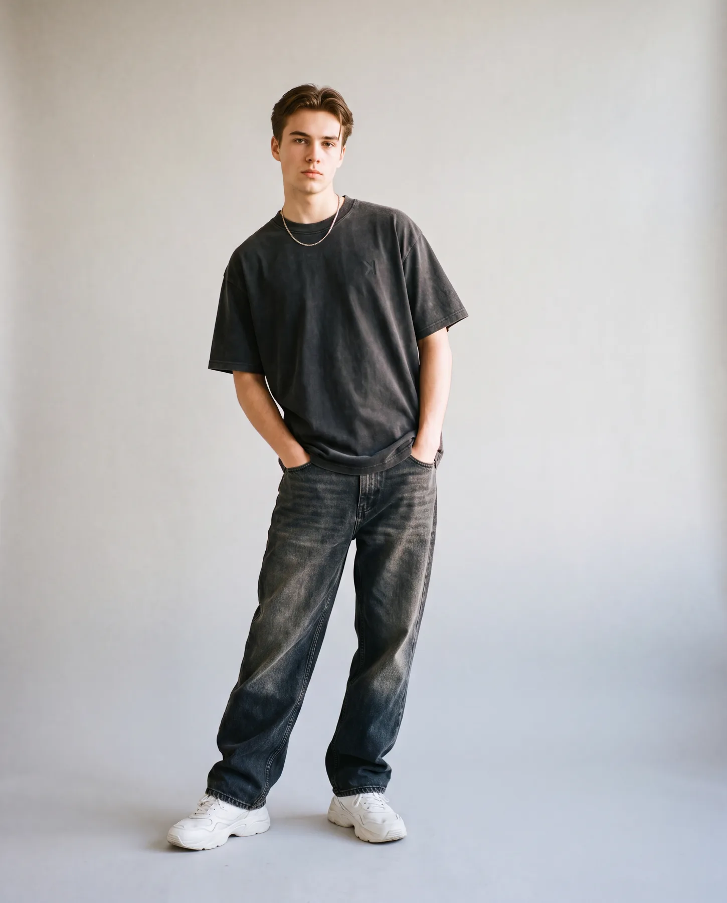 Model wearing the oversized washed-black KOVOK tee with faded black jeans